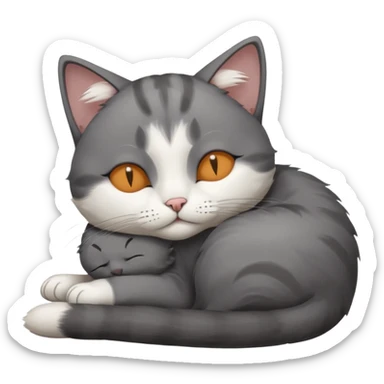 dark grey and white small cat with his eyes closed, leaning his head on his paw while leaning on his elbow lying down sticker