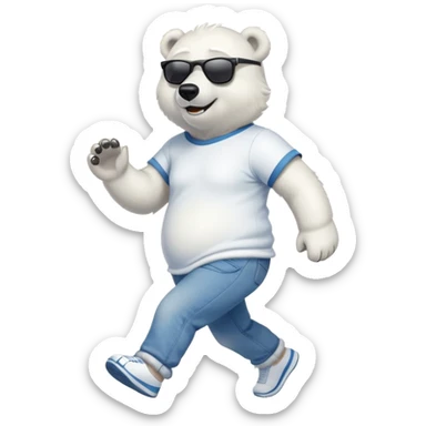 friendly anthropomorphised polar bear in jeans and a t-shirt, wearing dark sunglasses, jogging upright, relaxed pose sticker