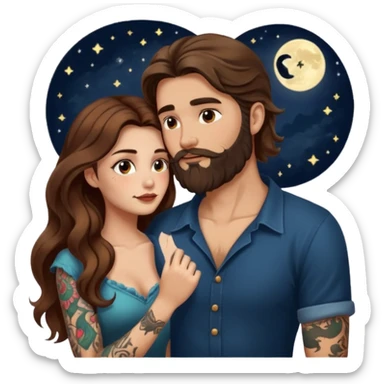 woman with long wavy brown hair tattoos and bearded man, she holds his chin, close flirty stare, moonlight glow sticker