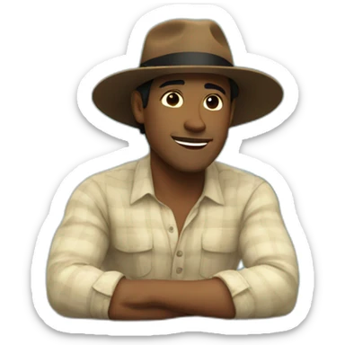 White Man with black hair, strip blue flowered shirt, brown hat, setting on a bench, next to a lake sticker