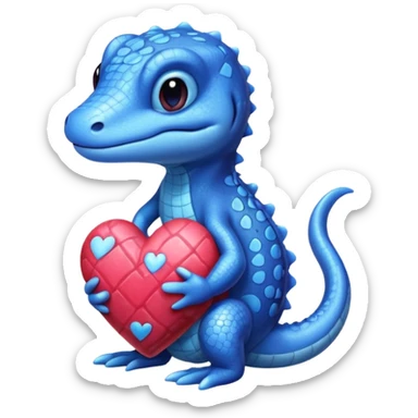 blue salamander with a square pattern on its skin, holding a heart sticker