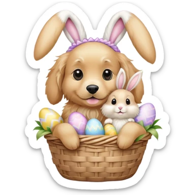 Golden retriever dressed like an Easter bunny with white ears holding an Easter basket with a bunny in it sticker