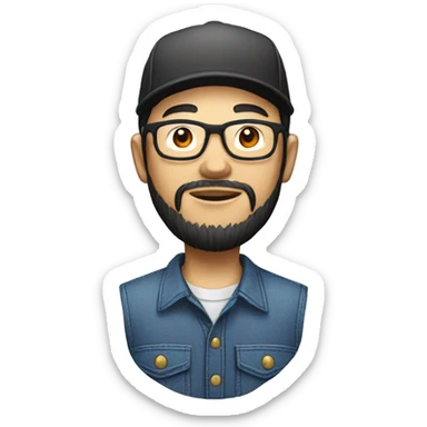 An Asian man with a beard and glasses, wearing overalls over a button-up shirt and a dark cap with a red letter "M" design sticker