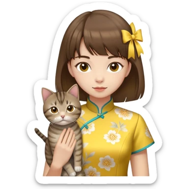 girl with brown hair and bangs wearing yellow qipao with gray tabby cat sticker