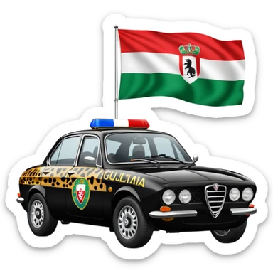 crea auto di servzio alfa romeo giulia colore nero con la scritta sul lato polizia penitenziaria e la un leopardo e la bandiera italiana sticker