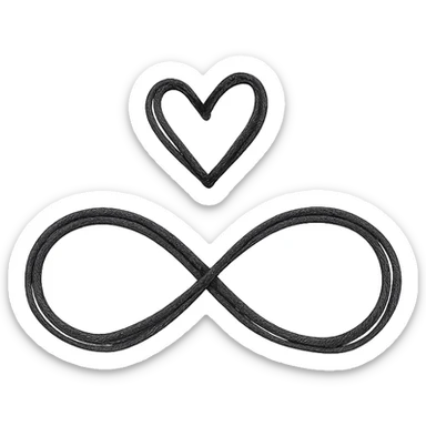 hand-drawn pink infinity symbol with strong outlines, stylized shadows and highlights, with a simple heart above the infinity symbol sticker