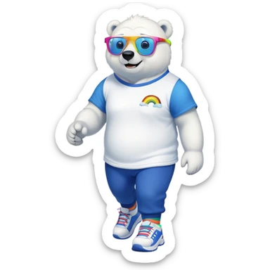 muscular friendly anthropomorphised polar bear walking confidently, wearing a royal blue t-shirt, black pants, white trainers, and oversized rainbow glasses sticker