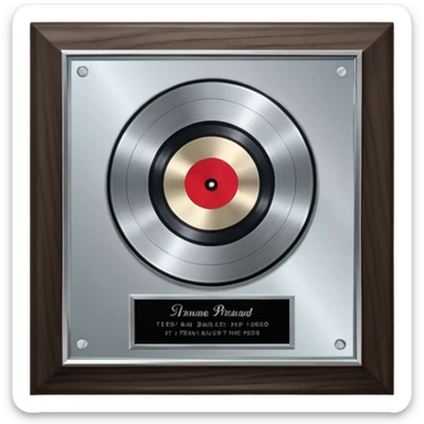 A platinum music award plaque: a square, polished platinum plate with a subtly textured, mirror-like finish, mounted on a simple dark wood base. The center features a relief of a or stylized vinyl record in a slightly darker metallic tone.  sticker