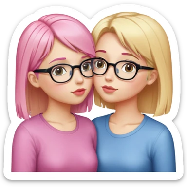 two girls kissing, the girl on the right is shorter, she is blonde and has glasses, the girl on the left is a little taller, with pink hair, no glasses sticker