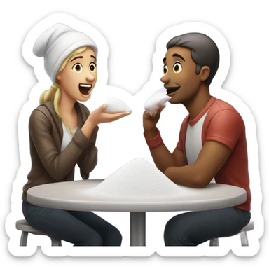 man and woman sniffing powdered sugar off table sticker