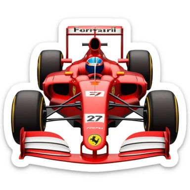 front view of a minimalist red Ferrari Formula 1 car from the 2000s with black wheels, emoji style sticker
