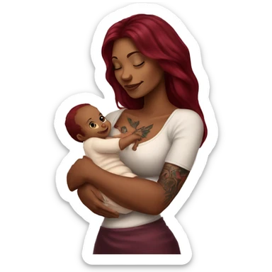 Beautiful tattooed burgundy long haired woman holding a baby sticker