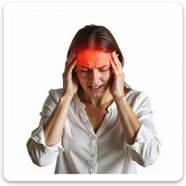 front view of a woman, hands pressing temples, head area highlighted in red, intense pain expression, realistic style, white background sticker