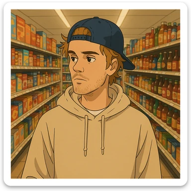 Justin Bieber in a supermarket aisle, casual clothes, ghibli style sticker