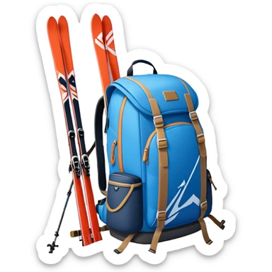An icon showing a close-up of a biathlon backpack, a pair of skis, and a biathlon rifle resting against snow. In the background, a beautiful winter landscape with snowy trees and mountains under a clear sky. Transparent background reflects the sport’s precision and rugged endurance. sticker