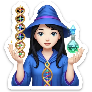 Female wizard with black hair holding a double helix DNA one hand and a methyl group in the other sticker