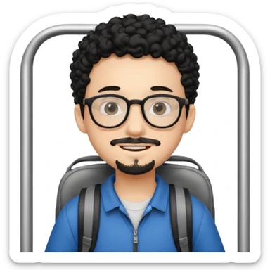 A young boy DEVELOPER WITH A backpack, black curly short hair, wearing glasses, a thin goatee, his skin is white, riding a bus sticker