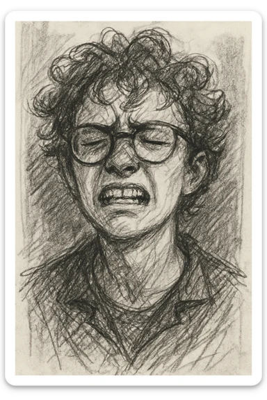 character with curly brown hair, eyeglasses, white complexion skin, hand-drawn sketch style sticker