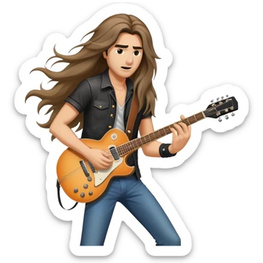 Super strong rockstar on the guitar while being shined on by a massive spotlight with his hair blowing and a cool aura sticker