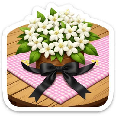 A lush bouquet of white color Jasmin black satin ribbon, resting on an antique wooden table, with a pale yellow and pink plaid pattern table cloth sticker
