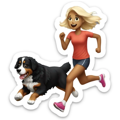 Blonde girl running after Bernese mountain dog sticker