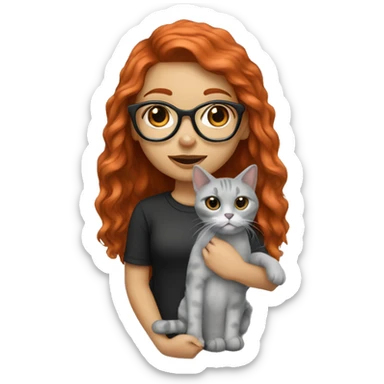 A long hair red headed girl with light skin, black glasses, a nose ring, holding an all grey cat  sticker