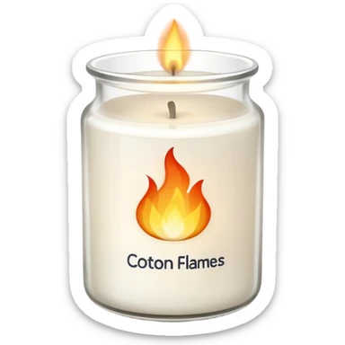 minimal flat emoji of a white scented candle in a glossy white glass jar with the label “cotton”, three visible flames, soft warm glow, clean vector style, elegant and modern, transparent background sticker