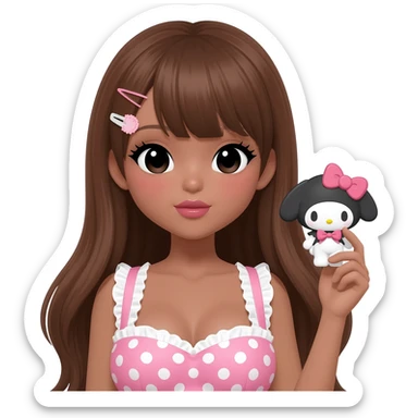 Gyaru makeup, my melody hairclip, cutecore, doll eyes, Doll, big chest, dark brown skin, with long brown hair , black cute eyes, cute lips with Gyaru outfit ( pink and white polkadots) sticker