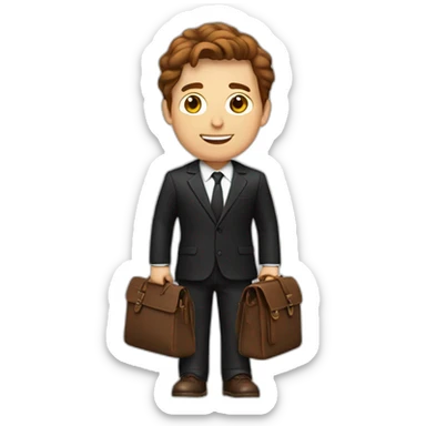 wite man in black suit with brown locks and work bag sticker