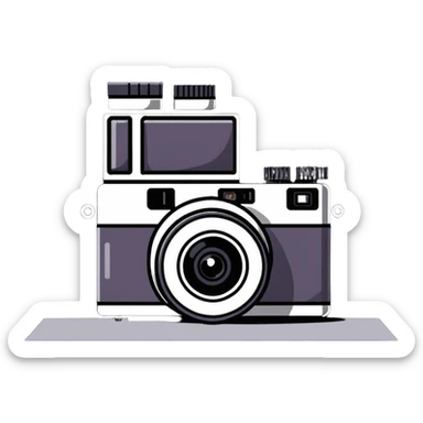 Film photography setup with camera, film rolls, and developed photos sticker