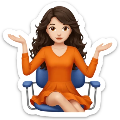 Long dark wavy hair women in orange top  twirling around a chair  sticker