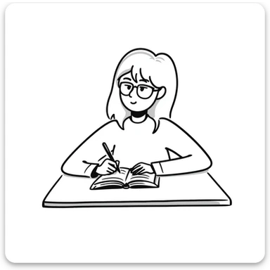 blonde woman wearing glasses, writing in a notebook sticker