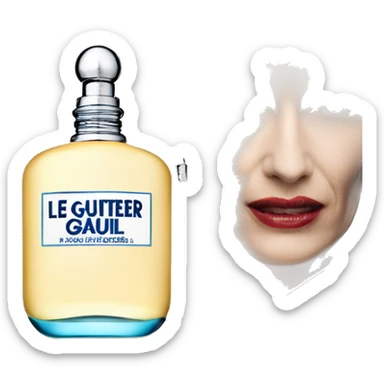 Jean Paul Gaultier Le Male eau de toilette fragrance bottle being held by a blonde woman in a suit sticker