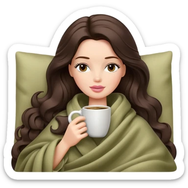 Barbie girl with a long wavy dark brown hair inside a pale olive blanket sipping coffee eyes closed sticker