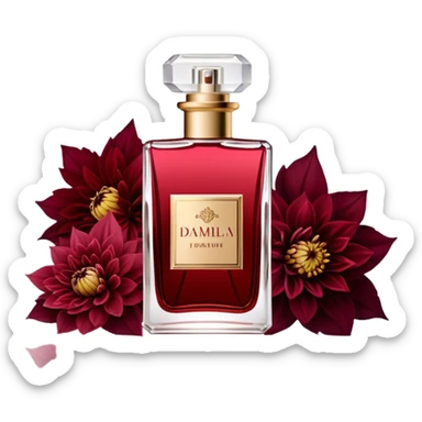A luxurious glass perfume bottle in Soft Blush with a delicate vintage design, surrounded by a rich arrangement of Scarlet and Burgundy Dahlias, reflecting the beauty of deep red hues. sticker