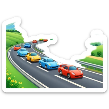 A busy highway with cute fast-moving racing cars, surrounded by green fields and distant mountains under a bright blue sky sticker