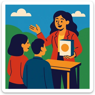 woman promoting a product to customers outdoors sticker