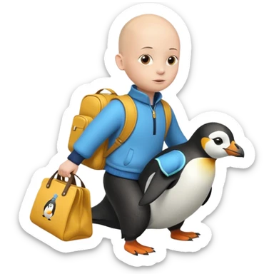 Una persona, vestida con ropa característica de peru sin pelo montado a espaldas de un pingüino con una bolsa de la empresa de reparto glovo en la espalda sticker