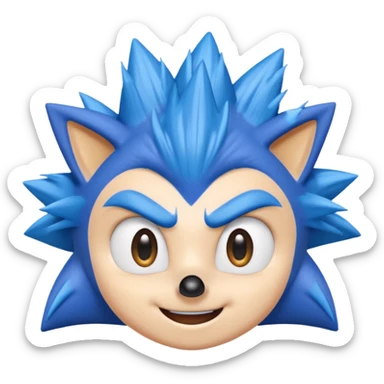 Sonic the Hedgehog face close-up, blue spiky hair, big eyes, smiling sticker