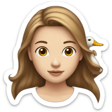 white girl with brown hairs holds a duck sticker