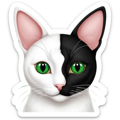 Haz una gata de ojos verdes la cara blanca con mancha negra en las orejas que agarra parte de la frente del lado der pero del iz va desde el ojo hasta la oreja la mancha, tiene la nariz negra en forma de corazón y todo lo que sobra de la cara, barbilla la nariz arriba y el lado de bigotes es blanca sticker