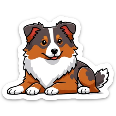 Red merle Australian Shepherd dog laying down, reddish-brown and white spotted coat, fluffy fur sticker