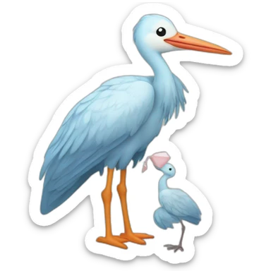 stork carrying a light blue bundle of cloth in its beak that has a human baby with dark hair and the baby face and head is peeking from the cloths bundle the strok is carrying with its beak sticker