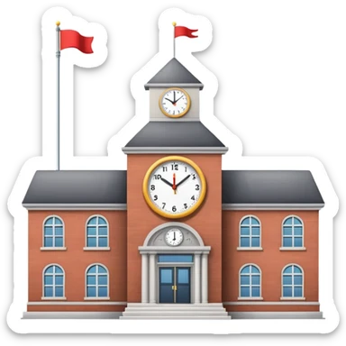 School building with clock on front and flagpole sticker