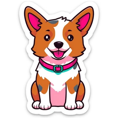 Red heeler cattle dog sitting down facing forward, with a bright pink collar sticker