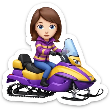 Woman, Brown hair, very blue eyes, wearing a Very red coat  on purple and yellow striped snowmobile sticker