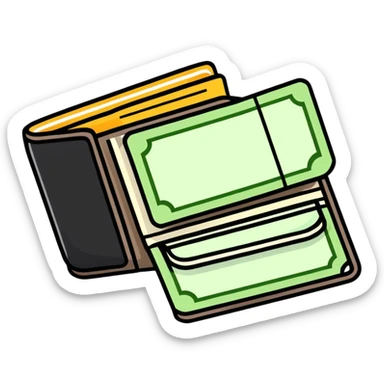 black leather wallet with dollar bills inside and a small clock in top right corner positioned over the wallet sticker