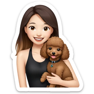 a asian girl with long straight balayage hair, long lashes, laughing, wearing black halterneck top, and holding a brown poodle sticker