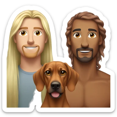 white male with long rainbow colored hair standing alongside a brown rhodesian ridgeback sticker