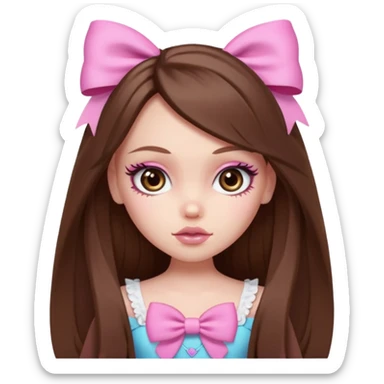 pretty bratz baddie, brown long hair, pale skin, pink aesthetic bow sticker